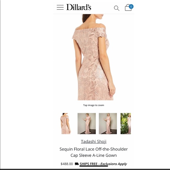 NWT Tadashi Shoji Sequin Floral Lace Off-the-Shoulder Cap Sleeve A-Line Gown - Picture 7 of 16